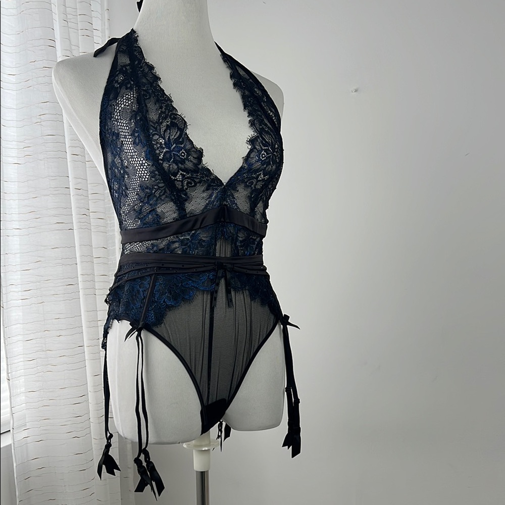 Honey Birdette mistress bodysuit and garter Black Lace and blue playsuit L